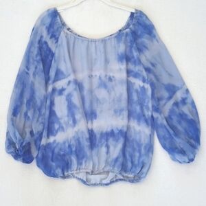 Kenar Women's Sky Blue White Tie Dye 3/4 Balloon Sleeve Semi Sheer Blouse M